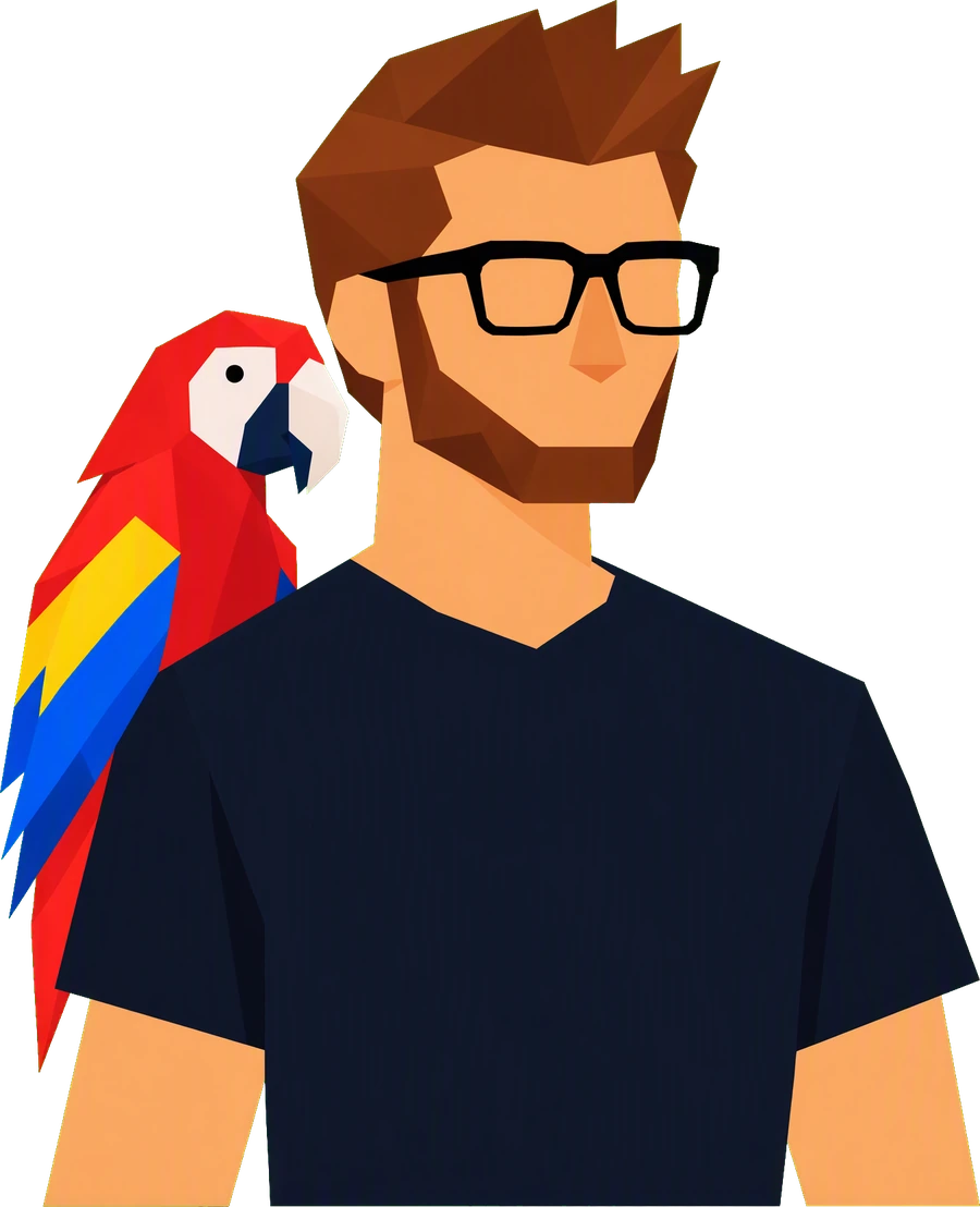 Il personaggio di Stocastic Parrot con il pappagallo sulla spalla destra
